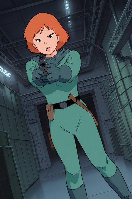 masterpiece, best quality, amazing quality, absurdres, solo, conanmonsley, serious, standing, holding gun, aiming, open mouth, dutch angle, orange hair, green hood, green bodysuit, green gloves, green boots, indoors, factory, military base, warehouse