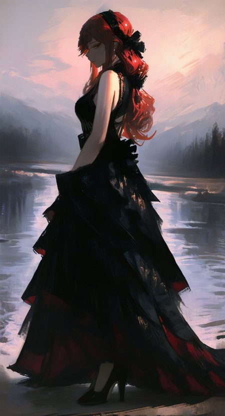 masterpiece, best quality, good quality, very aesthetic, absurdres, newest,1girl, solo, Mature woman, tall figure, bare shoulders, black bow, black dress, black hairband, bow, breasts, dress, hair bow, hairband, long hair, red hair, sleeveless, sleeveless dress, Multi-layered hem dress, look up,High heel, looking at viewer, The calm lake reflects the starlight., From Side,Full body <lora:spo_sdxl_10ep_4k-data_lora_webui:0.6> <lora:ponyv5_noobV065S_1_adamW-000013:0.7> <lora:USNR_STYLE_XL_lokr:0.45> <lora:GBF_Illustrious:0.4> <lora:748cmSDXL:0.8> <lora:shiej007:0.8>