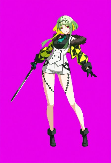 masterpiece, best quality, solo, 1girl, smile, looking at viewer, <lora:Dengeki_Bunko-illus_Fp:1>, full body, pixel art, simple background, <lora:Ringo-illus_Fp:1>, ringosh2, short hair with long locks, red eyes, green hair, colored inner hair, colored eyelashes, hairband, collared shirt, white vest, white shorts, necktie, black shirt, cropped jacket, fur trim, off shoulder, body markings, gloves, holding sword, multicolored jacket,