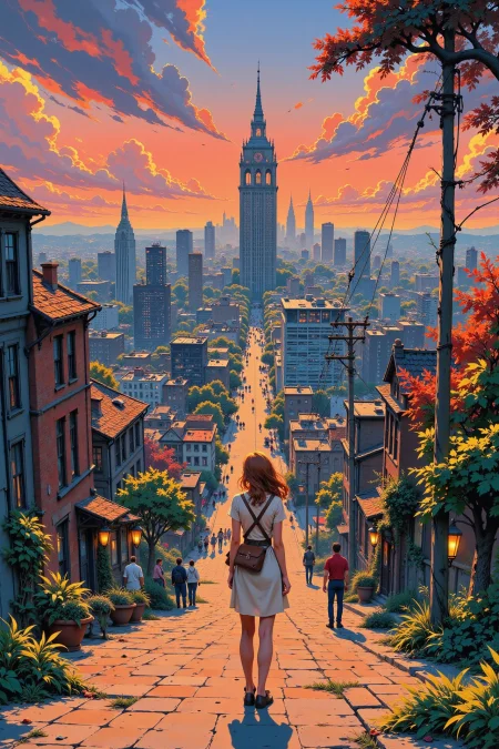 1960s 60's city beautiful  anime landscape, morning, woman, very intricate, very detailed, sharp, bright, colorful, <lora:Hand v2:0.5> <lora:Anti-Blur:1><lora:Insane Detail Slider:0.25>  <lora:flux.1_lora_flyway_Epic-detail_v2:0.3> <lora:fluxenhancer:0.25> <lora:ROWER:0.6> <lora:Niji Anime Scenic:0.8>