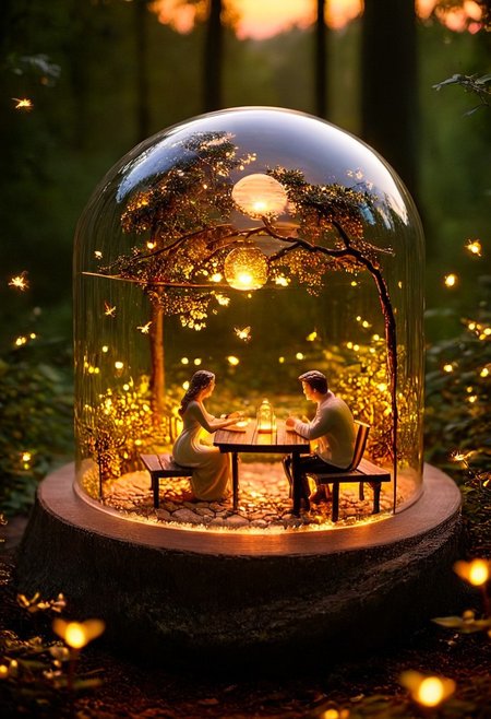A meticulously crafted glass dome encapsulating a serene miniature version of lovers on a bench.  Rose, romantic couple, scenic landscape, golden sunset, lovers, park, enchanted forest, fireflies, soft lighting, warm tones, intimate atmosphere, dreamy, cinematic composition, nature and romance. realistic, photo