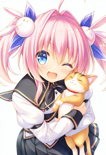 masterpiece,best quality,amazing quality,very aesthetic,absurdres,newest,scenery,<lora:Toyama Haneru_ilxl_v1-000010:1>,1girl,(white background:1.5),solo,pink hair,blue eyes,twintails,hair ornament,looking at viewer,rabbit hair ornament,ahoge,hair intakes,toyama haneru,one eye closed,smile,open mouth,holding cat,hugging object,school uniform,skirt,