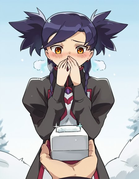 score_9, score_8_up, score_7_up, source_anime, <lora:nina-wang-s1-ponyxl-lora-nochekaiser:1>, nina wang, bangs, twintails, purple hair, braid, twin braids, orange eyes, anime screencap,, long sleeves, dress, jewelry, earrings, puffy sleeves, black dress, juliet sleeves,, snow day, winter clothes, snowball fight, laughter, cold breath, white landscape, , <lora:ring-box-ponyxl-lora-nochekaiser:1>, ring box, holding box, pov, pov hands,, blush, covering mouth, embarrassed, blush, bed room,, looking down, cowboy shot,, looking at viewer, solo,, dutch angle, cowboy shot