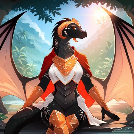 <lora:Reni-Twokinds-SDXL-AnonTK-V3:0.8>
score_9, score_8_up, score_7_up, source_furry, masterpiece, best quality, good quality, highly detailed body, absurdres, perfect body, perfect eyes, Expressiveh, detailed background, jungle, deep woods, rays of sun, 1 girl, solo female anthro dragon, perfect hands, reni-twokinds, (wet,) (wearing a fully covered knight suit complete with a  silver knight body armor, silver knights breastplate, knight greaves, knight boots and a red cape. (dragon wings :1.2). wearing a  knights helmet, fully covered body, wearing a breastplate, female breasts, tribal markings, 
Her medium-length hair cascades down her back,
body is facing straight at the camera looking directly at the viewer, (center view), sitting_down, front body view, uncensored, smiling, soaking wet, close up full-body_portrait, medium anthro feet, legs_spread apart, crossed_legs_(sitting), crossed-legged in center of frame, visible crotch, crossed_feet. Feet resting over top of legs.