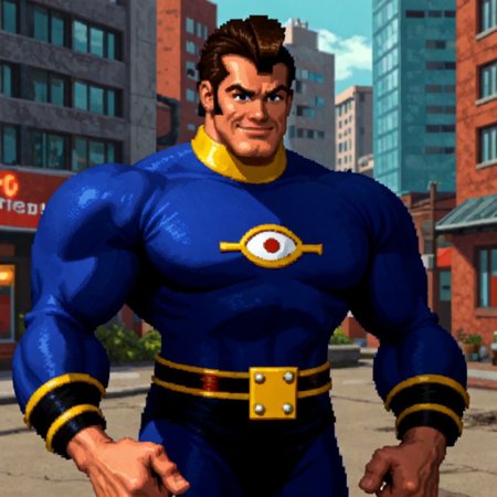 dkcstyle, pixel art, 1boy, blue bodysuit, confident smile, building, solo, close-up, flexing biceps, short hair, very muscular, big biceps, big pecs,