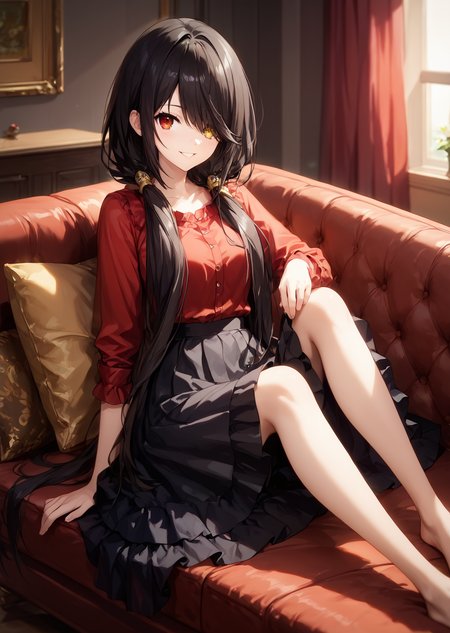 score_9, score_8_up, score_7_up, score_6_up, score_5_up, score_4_up, , scenery, masterpiece,  best quality, very aesthetic,, 
,  looking at viewer, laying, modeling on sofa,  <lora:Kurumi_Tokisaki:0.8> black hair, red eye, long hair, twintails, hair over one eye, yellow eye, heterochromia, clock eye, red shirt, plated skirt, black shirt, sitting, smiling,