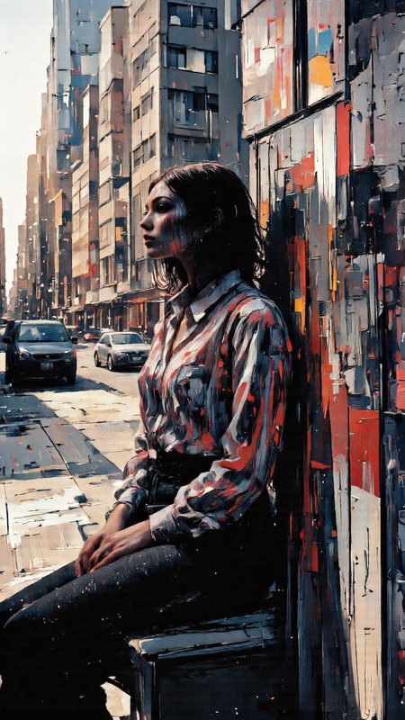 Semi-realistic woman, abstract urban, edge, distorted reflections. <lora:Cinna_Flow_Flux-000018:1.0> <lora:Digital_Impressionist_Flux:0.6> <lora:Modern_Abstract_Minimalist:1.0>