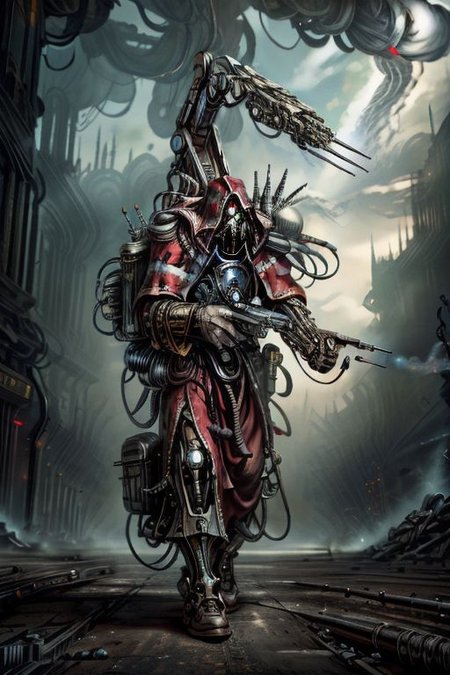 ((masterpiece,best quality)), absurdres, BREAK
mechanical arms, robes, hood, BREAK
((techpriest)), cyborg, mechanical face, mechanical limbs, gas mask, mechanical tentacles, (mechanical backpack), BREAK
1other, solo, holding pistol, firearm, handgun, pistol, gun, BREAK
factory background, smoggy sky, air pollution, smokestacks, BREAK
(NightmarishAI),