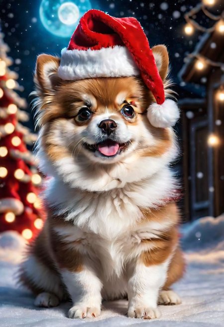 mj, Best Quality, cinematic, A unique and diverse white and brown Pomeranian puppy with a striking pattern, rendered in charming Disney-Pixar style, wearing a festive Santa Claus hat. RTX, 4k, Gabriele Dell'otto, AI Midjourney, bright saturated colors, watercolor, oil paints, HDR, 500px, 4k,