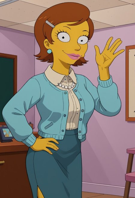 ((bedroom background)),score_9, score_8_up, score_7_up,score_6_up, 
1girl, solo, MsCantwell_TS, yellow skin, black eyes, reddish brown hair, voluminous short hair, silver snap hair clip, pink lipstick, light blue pearl earrings, white pearl necklace, light blue cardigan, cream blouse with collar, teal pencil skirt, black flat shoes, big eyes, tall stature, social smile, perfect eyes, perfect smile, looking at the viewer, big breasts, detailed eyes, perfect eyes, cute, standing, (front pose, bust shot, close up to face, face portrait:1) hands on hips