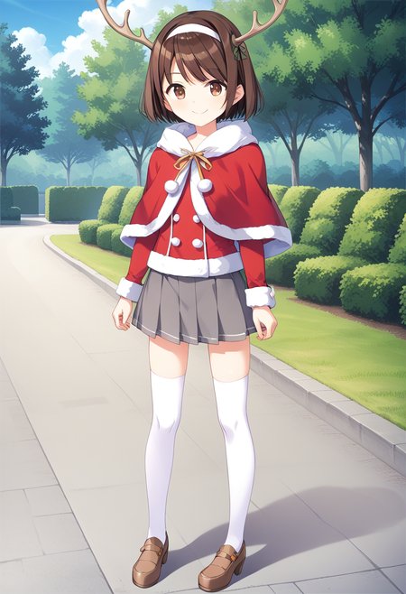 standing, park, smile, full body, flat chest,  <lora:KC_01DD_tanikaze_pony-000032:1> tanikazekc, brown hair, short hair, white hairband, brown eyes,        tanikazexmaskc, capelet, red capelet, fur trim, santa costume, pom pom \(clothes\), long sleeves, grey skirt, miniskirt, white thighhighs, brown shoes, antlers,, score_9,score_8_up, score_7_up, source_anime, masterpiece, best quality,  official art, official style, game cg, megami magazine, rating_safe, rating_questionable, NEGATIVE_HANDS,  <lora:DetailedPerfect_hands_r1:1>