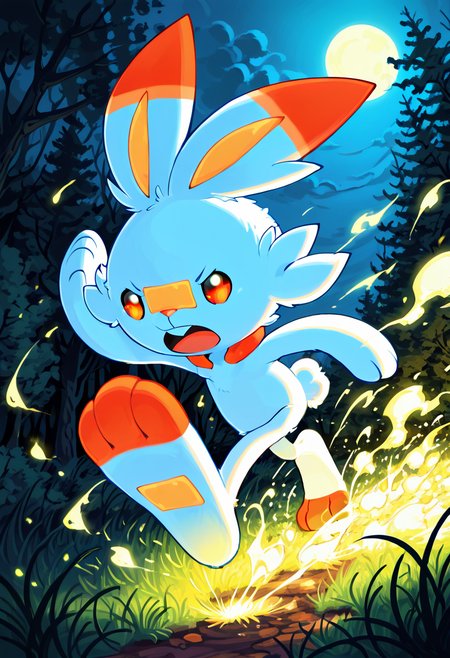 masterpiece, best quality, no humans,   zzScorbunny, white fur, orange ears, red eyes, running, glowing grass, nighttime, moonlight, speed lines, magical glow, bioluminescent forest â Under a moonlit sky, Scorbunny darts through a bioluminescent forest, each footstep triggering pulses of blue and green light across the glowing grass. His sleek form blurs into motion, eyes locked ahead as if chasing a dream. The night bends around his speed, moonlight cascading off his white fur as streaks of color paint the darkness.    ,<lora:ScorbunnyPokedex_IXL:1.0>,