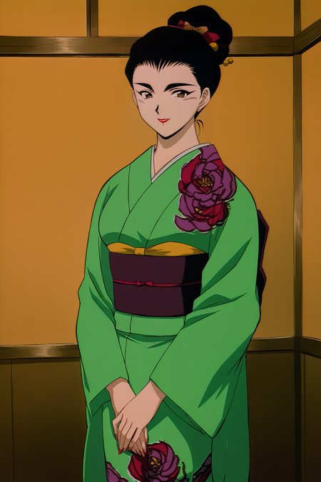 anime screencap,anime coloring,masterpiece,best quality,official style,amazing quality,beautiful detailed hair,beautiful detailed eyes,official anime artwork,retro artstyle,1990s \(style\),Reiko Terayama,1girl,solo,black hair,large breasts,brown eyes,<lora:Reiko Terayama-IL V1:1>,standing,looking at viewer,smile,red lips,lipstick,makeup,japanese clothes,kimono,green kimono,sash,obi,hair ornament,single hair bun,floral print,