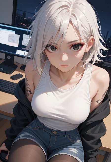 score_9, score_8_up, score_7_up, 26 years old,, zPDXL3, 1girl, solo, medium breasts, white hair, 
(face focus, close-up:1.4), eyeshadow, tattoo on arm, 
black eyes, medium hair, messy hair, dutch angle, chair, looking at viewer,
(white tanktop, black hoodie,  bare shoulders), denim shorts, pantyhose, indoors, computer desk, sitting behind desk, night, desk light,  relaxed, bedroom, (happy:0.8)