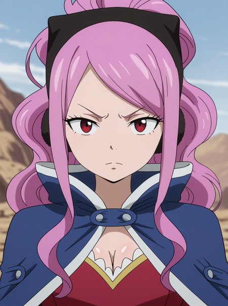 masterpiece, best quality, amazing quality, very aesthetic, absurdres, newest,shiny skin,  anime screenshot,  anime coloring   <lora:MeredyFT:1>1girl, pink hair, solo, meredyoutfit2  , looking at viewer, cape serious, upper body,
