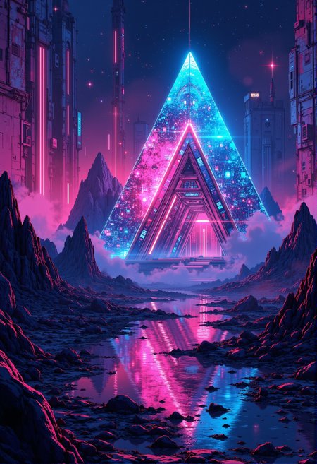 <lora:ck-ghost-reaper:0.9>, This is a digital artwork in the style of ckgr,
pyramids neon fire in the eternal night, built from futuristic nano-glas, cascading holographic patterns
