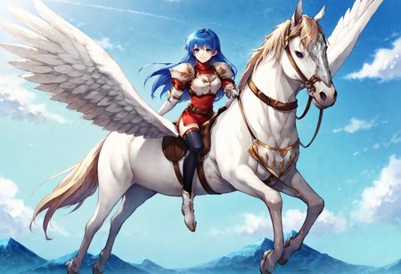 score_9,score_8_up,score_7_up,extreme detailed,full_body,zPDXL BREAK sky,flying,
<lora:Pony_DetailV2.0:1>,pegasus knight,horse,horseback riding,pegasus,<lora:pegasus knight:0.8>,caedadef,blue eyes,blue hair,long hair,bangs,turtleneck,red shirt,shoulder armor,pauldrons,breastplate,multiple belts,brown belt,white gloves,elbow gloves,red skirt,black thighhighs,white boots,<lora:caeda-fe-richy-v1_pdxl:1>,smile,