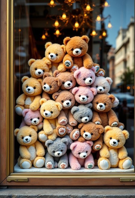 Stuffed bears stacked face down in layers in a glass case inside a lavishly decorated show window. Stuffed bears of various colors are stacked face down, with their faces facing us. They are stuffed face down inside the case. There is only one stuffed chick among the stuffed bears. Smiling, expressionless or sleeping, all the stuffed bears are looking at you. A department store show window, the atmosphere of a clay model, the texture of a toy, the thin
 reflection of the city in the glass case on a sunny day
. Photorealistic lighting.
aidmafluxpro1.1