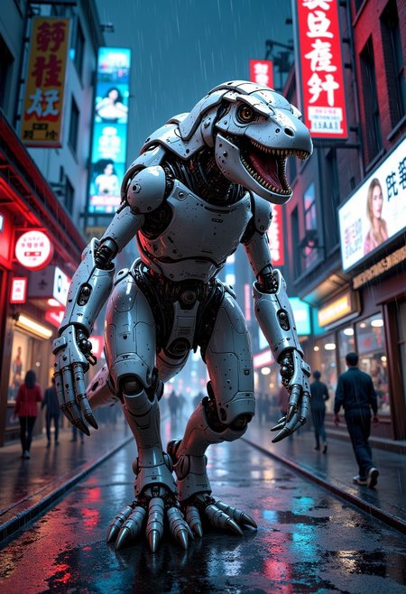 masterpiece, mythp0rt, cyberpunk robot dinosaur, highly detailed white ceramic and tungsten, walking towards viewer in cyberpunk alley at night, neon signs, advertising screens featuring beautiful women, raining, wet, bokeh, dynamic shot, great directional lighting, highly detailed
