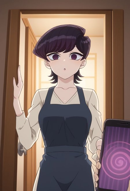 score_9, score_8_up, score_7_up, score_6_up, source_anime, masterpiece, best quality, ultra-detailed, highres, absurdres, cinematic lighting, 
1girl, Shuuko Komi, 
doorway, front door, answering door, hand on door, opening door, 
looking at viewer, 
1boy, mind control, hypnosis, smartphone, pov holding phone, 
female focus, 3/4 angle view, three quarter view, from below, ,shuuko komi, shuuko komi, short hair, black hair, black eyes, wearing her apron