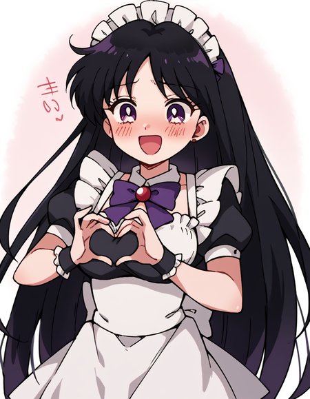score_9, score_8_up, score_7_up, source_anime, <lora:rei-hino-s3-ponyxl-lora-nochekaiser:1>, rei hino, black hair, diadem, long hair, purple eyes, parted bangs,, <lora:moe-moe-kyun-ponyxl-lora-nochekaiser:1> heart-shaped boob challenge, moe moe kyun! heart hands, enmaided, maid, maid headdress, apron, maid apron, ,, open mouth, blush, embarrassed, clsoed eyes, smile,, cowboy shot