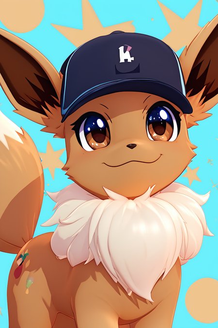 score_9, score_8_up, score_8,  ,,, , ,,,  zzEV, looking at viewer, smile, hat, brown eyes, closed mouth, upper body, :3, blue background, happy, baseball cap,   <lora:EeveePokedexPDXL:1.0>,  ,,,, BREAK, smile, closed mouth, looking at viewer, cowboy shot,  ,,, embedding:zPDXL, Expressiveh, ,,, <lora:MantisStyle_PDXL_v2:0.8>, <lora:SDXLFaeTastic2400:0.5>, <lora:Expressive_H-000001:0.4>,