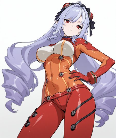 official art, absurdres, highres, anime coloring, hi res, best quality, masterpiece, 2d, intricate details, 4k,
1girl, solo, bangs, long hair, pointy ears, red eyes, very long hair, large breasts, purple hair, hair bow, mole, mole under eye, ahoge, white hair, multicolored hair, black headwear, black bow, slit pupils, black nails,
hair ornament, bodysuit, multicolored clothes, pilot suit, plugsuit, red bodysuit, interface headset, hairpods, orange bodysuit, multicolored bodysuit, test plugsuit, souryuu asuka langley \(cosplay\), neon genesis evangelion,
cowboy shot, 
depth of field, white background, gradient background, <lora:Vivian_ILXL:1>, vivian \(zenless zone zero\), zenless zone zero,