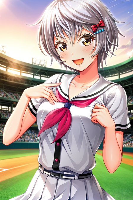 <lora:lambda_xl-000110:0.7>, (nsfw:0.8), masterpiece, best quality, very aesthetic, absurdres, BREAK, 1girl, <lora:asahinairoha_xl-000090:0.8> , (asahinairoha:0.8), short hair, sailor collar, neckerchief, baseball uniform, baseball stadium,