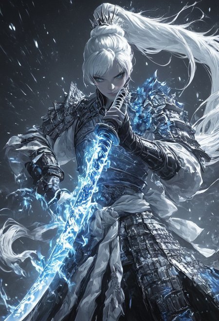 score_9, score_8_up, score_7_up, upscale 2x, Weiss Schnee, long hair, ponytail, white hair, blue eyes, small breasts, mature body,
 (A close up cinematic shot of Weiss Schnee as a samurai holding a katana infront of her face, the katana is detailed with a blue glowing dragon swirling around the blade, extremely detailed. Dragon Samurai.:1.2)