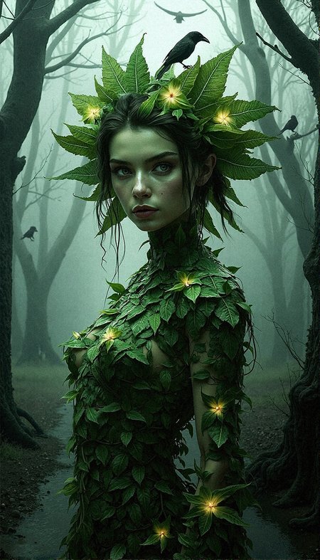 a photorealistic close-up portrait of a forest spirit, emerging from a misty, dark forest. Her physique is formed from interwoven leaves and vines, with pale green skin that blends into the bark of the trees around her. Her hair is made of cascading leaves, adorned with golden, glowing seed pods that provide a soft illumination in the gloomy setting. The trees are twisted and barren, with crows flying above, adding a sense of movement and unease to the scene. Her gaze is intense yet calm, as if she is the guardian of the forest’s secrets, embodying both its beauty and its dangers.

The background is filled with mist, obscuring the path behind her and creating a mysterious ambiance. The light is muted, casting shadows that emphasize the textures of her leafy body and the reflective wetness of the forest floor. The contrast between her green, life-filled form and the dark, decaying forest evokes a balance between growth and death, light and darkness. Aim for a hyper-realistic style that brings out the intricate details of her leaf-textured skin, the glowing seed pods, and the eerie, desolate beauty of the forest.

Looking directly at the camera with an intense stare, her form both blending with and standing out from the dark, decaying forest.


