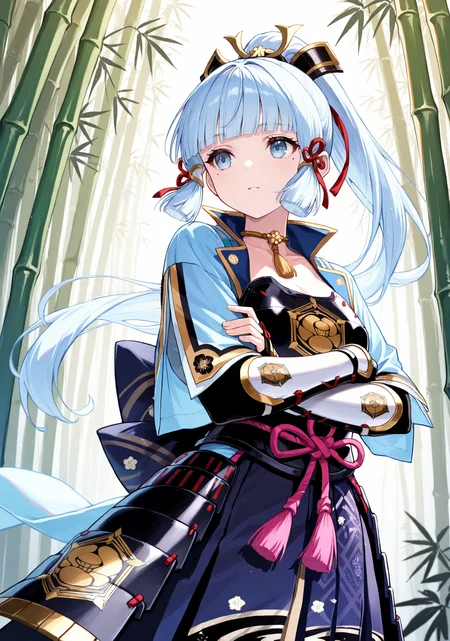 masterpiece, best quality, 1girl, solo, basekamiaya, light blue hair, blunt bangs, mole under eye, ponytail, long hair, hair ribbon, , outdoors, (bamboo forest), crossed arms, blue eyes, hair ornament, japanese armor, blue jacket, dark blue hakama, arm guards, hakama skirt, armored dress, looking ahead