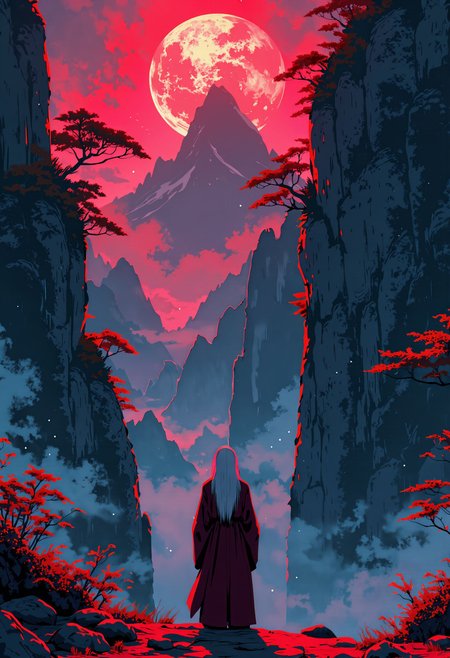 anime style, mythp0rt, In the shadowy depths of the Laoshan mountains, a young scholar stands before a mystical Taoist master, his face lit by the faint glow of crimson moonlight filtering through the dense forest. The air is thick with the scent of ancient pines, and the distant echoes of chanting can be heard. The Taoist, with long flowing white hair, imparts the secret of passing through walls—a skill that defies the laws of the physical world. The scene is charged with an aura of mysticism and quiet power, as the scholar's eager eyes reflect the moonlit silhouette of the towering mountains, unaware of the trials that lie ahead. The atmosphere is one of quiet anticipation and the untamed energy of ancient magic, highlighting the profound contrast between the scholar's naivety and the wisdom of the old Taoist master  <lora:FluxMythP0rtr4itStyle:0.5>  <lora:Halftone_Flux:0.3> <lora:MJanime_Flux_LoRa_v3_Final:1>