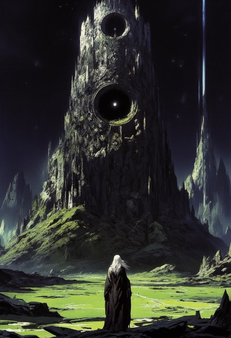 highly detailed and hyper realistic and dynamic. This is a highly detailed and intricate digital painting, depicting a lone female figure standing in a vast, eerie landscape under a dark, starless sky. The young woman, dressed in a long, dark coat, with long flowing silver hair, faces a towering, ancient, and crumbling monolithic stone structure with intricate carvings. The structure has two circular holes and stands amidst jagged, rocky peaks. The foreground is a green, mossy plain with faint, ghostly streaks descending from the sky. The scene is illuminated by a faint, eerie glow, creating a surreal, haunting atmosphere. The camera angle is low, emphasizing the height of the structure.