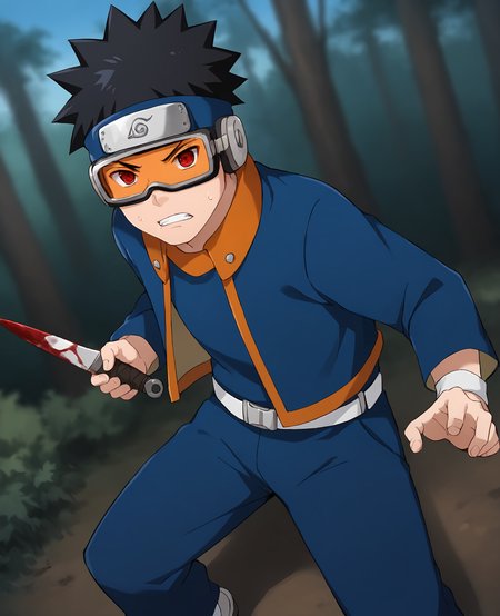 score_9,score_8_up,score_7_up,source_anime,rating_safe BREAK masterpiece,highres,best quality,high quality,dramatic angle,cinematic lighting,1boy,<lora:Obito_Pony_V2:1>,Uchiha Obito \(Shounen\),young,black hair,spiked hair,goggles,forehead protector,konohagakure symbol,blue shirt,blue pants,belt,pockets,holding kunai,wristband,action pose,dynamic angle,serious,sweatdrop,v-shaped eyebrows,depth of field,blue sky,orange stripes,orange collar,shounen,long  sleeves,jacket,holding kunai,sharingan,red eyes,woods,blood,clenched teeth,kunai,dagger,