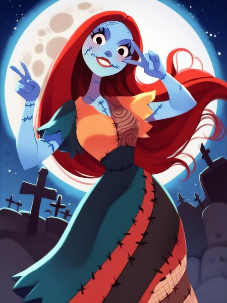 score_9, score_8_up, score_7_up, 1girl, v, looking at viewer, cowboy shot, detailed background, dynamic pose, dynamic angle, cute pose, graveyard, moon, night, from below, happy,
 <lora:SallyXLP_character:1>, SallyXLP, red hair, long hair, black eyes, stitches, dress, patchwork clothes, narrow waist, colored skin, blue skin, cartoon, realism
