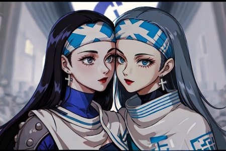 highly insanely detailed, masterpiece, top quality, best quality, highres, 4k, 8k, RAW photo, (very aesthetic, beautiful and aesthetic),  
beth_\(megami_tensei\),bethsmtii,shin megami tensei ii,long hair,black hair,straight hair,sleek black,jewelry,cross,headband,red_lipstick,Blue_dress,armored_corset,blue shirt,messian_cross_earrings,cross_earrings,religious_earrings,messian_symbol_jewelry,white cape,cape_with_messian_symbol,Religious_cape,messian_symbol_cape,holy_knight_cape,holy_knight,holy_knight_armor,Tokyo_Millennium,post-apocalyptic_city,dystopian_world,Order_of_Messiah,Religious_order,messianic_cult,divine_rulers,Great_Cataclysm,World_ending_event,apocalyptic_disaster,city_rebirt, 
<lora:zs_Beth:1>, 
(1girl:1.3), 1other, 
soft pink background,âââ