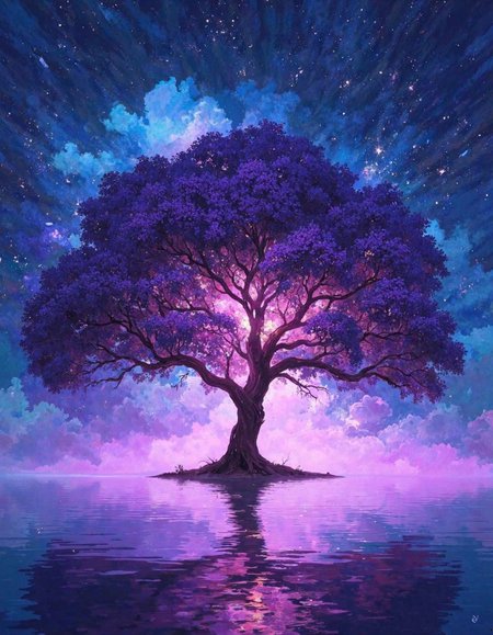 A beautiful tree of life with a purple and blue galaxy sky in the background, reflected on the water at night.