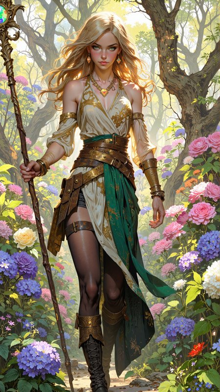 In the heart of a sprawling, enchanted garden, where the air is thick with the scent of blooming flowers and the soft hum of magical energy, a figure moves with the grace of a summer breeze. She is an **Eladrin**, her elven form deeply connected to the Feywild, her skin glowing with a faint, golden hue, as if touched by the eternal light of the sun. Her hair, a cascade of golden waves, falls freely down her back, each strand shimmering with an inner light, as if woven from sunlight itself. Her eyes, a vibrant green, glow with an inner vitality, reflecting the boundless energy of the Feywild. Her face is soft and radiant, with high cheekbones, a delicate jawline, and full lips painted a warm, rosy pink. Her nose, slightly upturned, flares as she inhales the fragrant air, and her ears, long and pointed, twitch at the faintest sounds of the garden.
She is a **Dream Walker**, a mystic who traverses the boundary between reality and dreams, and her presence is both enchanting and ethereal. Her outfit, a blend of flowing fabric and delicate floral accents, is both practical and alluring, designed to allow for maximum mobility while still accentuating her lithe form. Her top, a form-fitting dress made from shimmering silk, clings to her torso, accentuating her curves while leaving her shoulders and midriff bare. The fabric is dyed in shades of gold and green, adorned with intricate patterns of vines and flowers that seem to shift and bloom as if alive. Her arms are wrapped in delicate, translucent sleeves that float around her like wisps of mist, their edges glowing faintly with fey magic. Around her neck hangs a necklace of small, golden flowers, each one containing a fragment of the Feywildâs energy, and a small pouch at her hip holds herbs and potions for her spells.
Her lower body is clad in a skirt of layered silk, each layer dyed in shades of gold and green, allowing for maximum movement while still providing some protection. Beneath the skirt, she wears tight-fitting leggings of a dark, shimmering hue, blending seamlessly with the lush foliage of the garden. Her boots, made of supple leather, are laced up to her knees, the soles soft and silent as she moves through the underbrush. Her hands, delicate yet powerful, grip a staff of polished wood, the top adorned with a glowing crystal that pulses with the energy of dreams.
The scene around her is one of vibrant beauty and magical wonder. The garden is alive with the colors of countless flowers, their petals glowing faintly in the soft light of the Feywild. The air is thick with the scent of blooming roses and the faint hum of magical energy, and the faint sound of rustling leaves whispers secrets of the Feywild. The Eladrin moves with the grace of a dancer, her form blending seamlessly with the lush foliage, her staff glinting in the light as she weaves her magic.
The overall color palette is a blend of deep golds, greens, and pinks, evoking the essence of the Feywild. The light, filtered through the leaves, casts a soft, golden glow over the scene, highlighting the Eladrinâs features and the vibrant beauty of the garden. The atmosphere is one of both enchantment and serenity, a place where the line between reality and dreams blurs, and where the Dream Walker reigns supreme.
This is not just a portrait; it is a glimpse into the heart of an enchanted garden, a testament to the power and grace of the Dream Walker and her connection to the Feywild. It is a scene of epic proportions, where the line between the mortal and the fey blurs, and where the radiant beauty of the Eladrin comes alive in the form of a powerful, enigmatic mystic.
soft pastel anime, Magic style, mythp0rt, DB4RZ