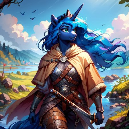 score_9, score_8_up, score_7_up, score_6_up, Princess Luna, anthro pony, female, river, solo, sword, viking armor, chainmail, leather pants, cloak, FFAOR