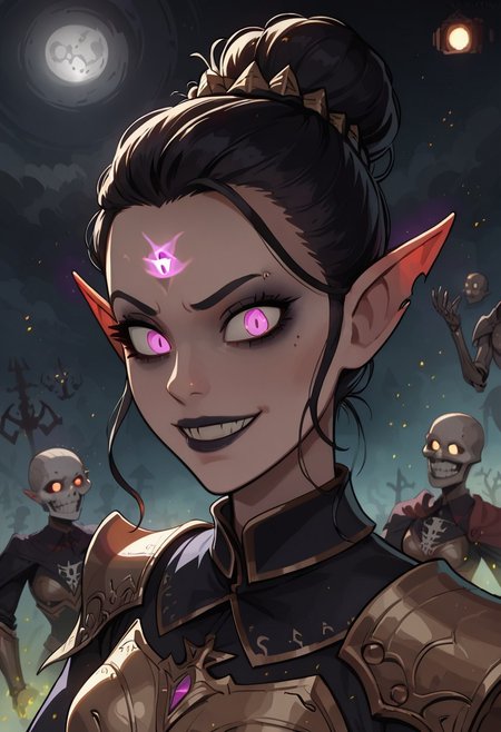 safe_pos, (masterpiece), highest quality, (close up), 1girl, sexy goth elf necromancer, elegant updo hair, perfect detailed eyes, glowing purple eyes, detailed face, slim, small breasts, dark demon armor, smug, (evil grin), (summoning the undead), (casting spell), (dynamic pose), magic particles, glowing particles, outdoors, night, moonlight, sinister graveyard, (magic skulls floating around), (armored skeleton warriors in background), detailed background