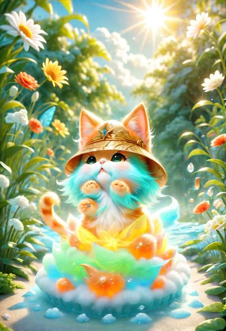 ral-fluff,<lora:ral-fluff:1>,
chibi,masterpiece,best quality,original,official art,cat, hat,flower,blurred background,cartoon rendering,beautiful detailed glow,(detailed ice),beautiful detailed sun,sunny, blurred flower, happy
