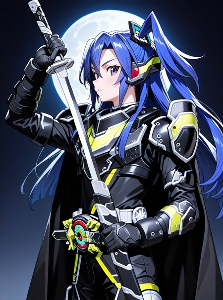 masterpiece, best quality, amazing quality, very aesthetic, absurdres, newest, kazanari tsubasa,  one side up,  1girl  <lora:BujinTycoon:1>bujintycoon, male focus, solo, armor, weapon, sword, holding, belt, cape, holding weapon, tokusatsu, rider belt, , holding sword night full moon,  from side, looking at viewer, unsheathing,