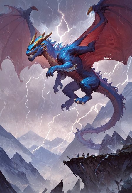 score_9, score_8_up, score_7_up, score_6_up, score_5_up, score_4_up, dragon, storm dragon, teeth, horns, long tail, wings, mountains, lightning aura, fantasy, solo focus, epic,