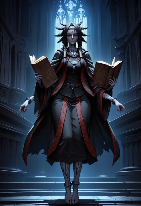 masterpiece, best quality, newest, hdr, dark, night, indoors, church, altar, closed mouth, 1girl, solo, looking at viewer, floating, expressionless, cowboy shot,
fi0d1, circlet, necklace, black robe, red trim, wide sleeves, long sleeves, black cloak, bracelet, anklet, long hair, black hair, twin braids, spiked hair, hair tubes, black eyes, tattoo, facial tattoo, colored skin, grey skin, extra arms, barefoot, holding book, holding scroll
<lora:Fool's Idol:1>