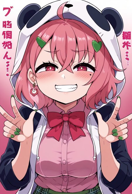 source_anime, rating_safe, BREAK <lora:sakuSasaki_XL-Pony_LoRA-C3Lier_16-16-8-8_AdamW_Un3e-4_Te1.5e-4_10batch:1>, sasaki saku, 1girl, virtual youtuber, pink hair, multicolored hair, short hair, ahoge, pink eyes, green nails, mole under eye, hairclip, earrings, animal hood, panda hood, hood up, two-tone jacket, white jacket, black sleeves, long sleeves, collared shirt, pink shirt, red bowtie, plaid skirt, green skirt,  ,,, ,,,, , ,,,, ,,, ,,, ,, ,, ,, , , ,,huge breasts,5 fingers,, ,,,,,,,,,,,,Both hands Peace , grin