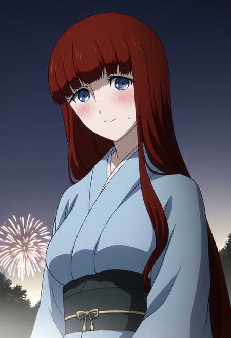 rating_safe, Ultra-high-detailed Anime illustration of Kagari Shiina from Anime Steins;Gate 0. 
The artwork features Kagari in a solo, standing position with a outdoors, flield, and night background. night time. night.
She is depicted with intricate details showcasing her large breasts, natural_breasts. She is a white skinned, 22 years old woman. Kagari is looking_at_viewer with perfect_eyes, Her pupils are highly detailed. The eyes are open. blue eyes. Kagari's eyes are highlighted. Highlighted eyevrows. 
She has long hair, red colored hair, styled in blunt bangs and floating hair.
She is wearing a blue kimono and black shoes. japanese kimono, kimono.
The artistic style is intricate_details_xl with a focus on Anime art. The color palette emphasizes red and black with detailed strokes to bring out the character's features. The lighting creates dramatic shadows and highlights, adding depth to the artwork. The perspective is from a face focus, dutch angle to enhance the impact of the character's expression. This masterpiece is a true portrayal of Kagari's complex personality and will captivate any fan of Kagari. uncensored, upper body, blushing, smile, Kagari Shiina,
perfecteyes,
<lora:Steins_Gate:1>
kimono
happy new year!, Happy New Year fireworks, Happy New Years