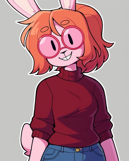 score_9_up, score_8_up, score_7_up, score_6_up, by remanedur, half-length portrait, round glasses, orange hair, medium breasts, bunny, black eyes, dot eyes, rabbit ears,  pink skin, female, short hair, ponytail, pink fur, red sweater, jean shorts, rabbit tail, looking at viewer, solo, smile, happy, three-quarter view, head tilt, tail, simple background, white outline, <lora:Leah_Pines(AIM)_XL_v1:0.15> <lora:PDXL_artist_tags_v2_big:0.5> <lora:The-Minuscule-Task_PDXL_v1.0:0.6>  <lora:PyannyPatricia_Yancy_ByuniBunn:0.75>