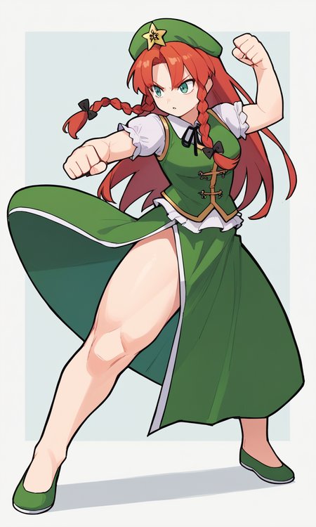 score_9, score_8_up, score_8, score_9, 1 girl, 1 boy, solo,  source_anime,  <lora:hong_meiling_pony-10:1>, hong meiling, beret, green vest, short sleeves, red hair, star hat ornament, twin braids, long skirt, thighs,  <lora:Eiken3kyuboy_Artist_Style_ponyXL-000018:0.8>, dynamic pose, fighting stance