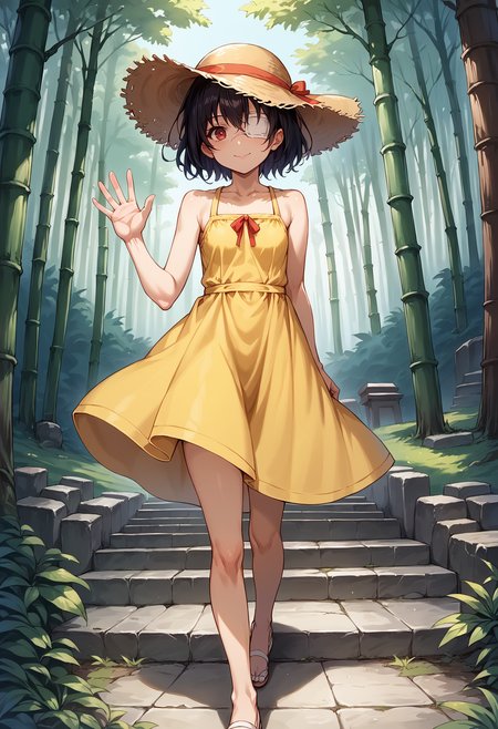 score_9, score_8_up, score_7_up, source_anime, 1girl, solo, looking at viewer, mskr, black hair, short hair, small breasts, sundress, yellow dress, sleeveless dress, bare shoulders, straw hat, outdoors, stairs, stone stairs, tree, (forest), nature, bamboo forest, waving, hand up, red eyes, eyepatch, torii, scenery, arm at side, light smile, closed mouth