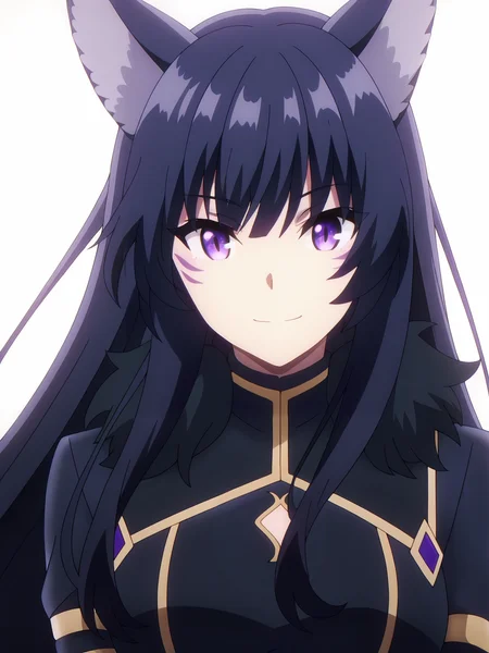 <lora:Delta_Character:0.8>delta, 1girl, solo, black long hair, purple eyes, purple whisker marks, black wolf ears, black crop top, gold trim, gold accessories, smile, closed mouth, standing, upper body, looking at viewer, white background